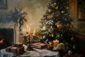 Obraz premium Vintage digital oil painting of Christmas still life for holiday wall decor, art print, fine art, wallpaper, beautiful background design. Generative AI.