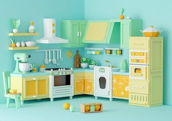 Modern colorful kitchen interior design with pastel shades of green and yellow, featuring stylish appliances and decorative elements Perfect for home decor inspiration