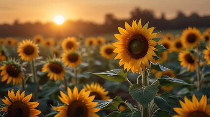 Obraz premium Sunflowers Field at Sunset,