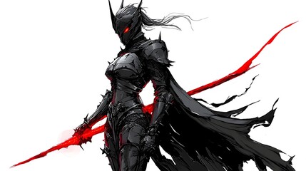 Shadowy Armored Female Warrior Wielding Glowing Red Blade in Minimalist Line Art Backdrop