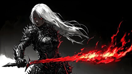 Fierce Gothic Warrior Woman Wielding Fiery Red Sword in Intense Anime-Style Fantasy Atmosphere