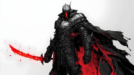Menacing Shadow Warrior in Gothic Armor Wielding Glowing Red Blade in Minimalist Anime Style