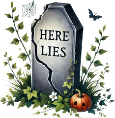 Gravestone with "Here Lies" Inscription, Spider Web, and Pumpkin
