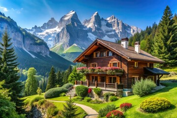 Obraz premium Breathtaking Panorama of a Mountain Chalet Surrounded by Nature's Beauty