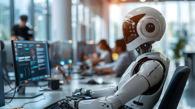 robot works at a computer in an office among people. Call center of the future. The concept of artificial intelligence and people working in the future