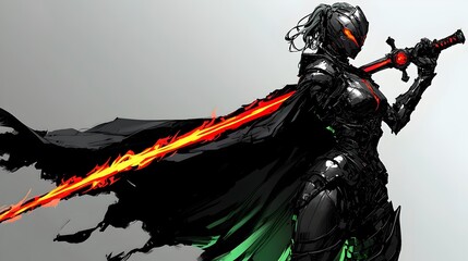 Fototapeta premium Dark Armored Warrior Wielding Glowing Sword in Cyber Fantasy Landscape