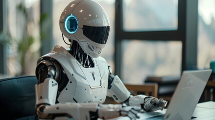 Fototapeta premium humanoid robot works in an office on a laptop , work with artificial intelligence