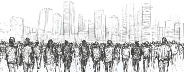 Hand-drawn illustration of urban crowd amidst towering skyscrapers.