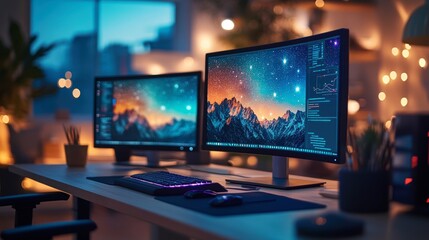 Professional Desk Setup with Dual Monitors at Night