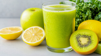 Fototapeta premium Healthy green juice with apple, lemon, kale, kiwi and celery against wall 