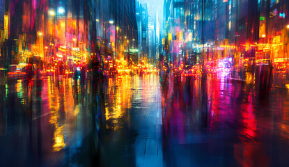 Blurred city lights reflecting on wet pavement at night