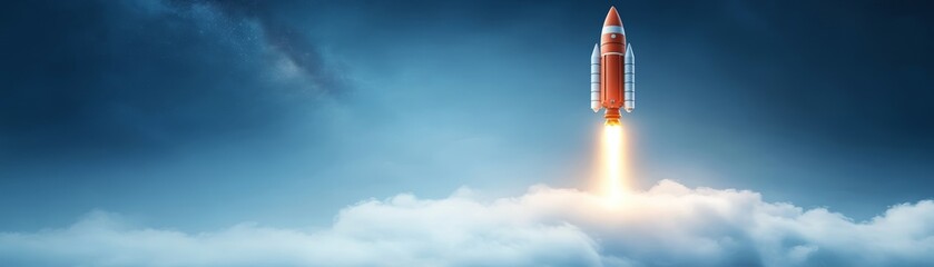 Rocket launch through majestic clouds, journey into space exploration and scientific discovery