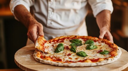 Chef Pulling Fresh Traditional Italian Pizza from Oven