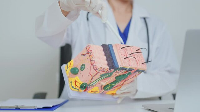 Dermatologist with anatomy model of human skin with hair. Doctor show structure of Skin, Skin disease and Hair loss. Health care, Dermatology treatment, Cosmetic surgery and Beauty consultation clinic