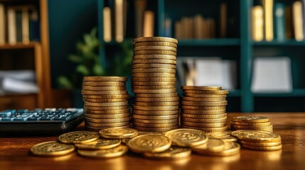 Stacked Coins and Calculator on Wooden Table