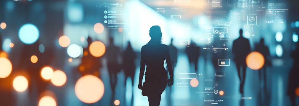 Business team walking in futuristic office with digital data visuals