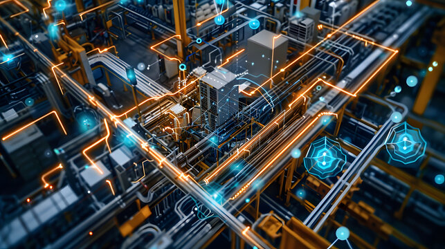Aerial view of a smart factory equipped with IoT devices and automated systems, exemplifying the digitization of manufacturing processes