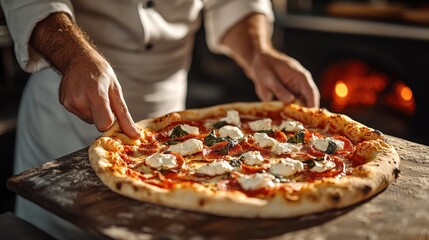 Traditional Italian Chef Pulling Fresh Pizza from Oven