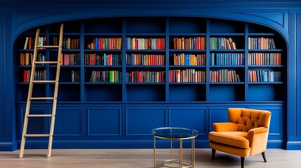 Blue Library With Bookshelf, Ladder, Chair and Table