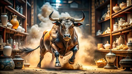 Naklejka premium Bull Charging Through China Shop - Macro Photography of Porcelain Destruction
