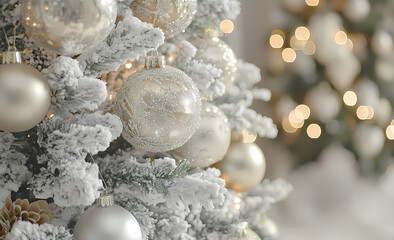 Close-up of an elegant Christmas tree with silver ornaments