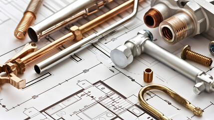 Obraz premium selection of plumbing tools and fittings on domestic house plans
