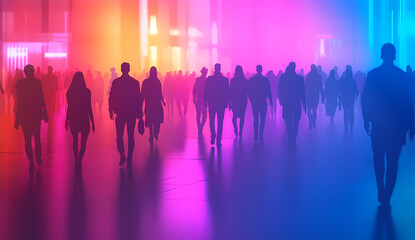 Diverse silhouettes of people walking in a vibrant urban setting