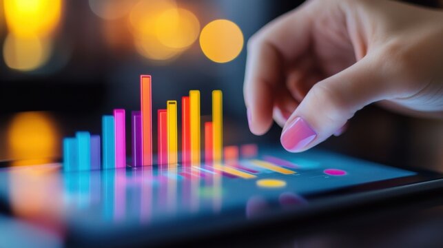Image of a hand holding a tablet, mobile phone with graphics about a graph that represents business, finance, the increase or decrease of goods or services.
