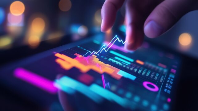 Image of a hand holding a tablet, mobile phone with graphics about a graph that represents business, finance, the increase or decrease of goods or services.