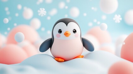 Cute penguin cartoon character standing on snowy surface.