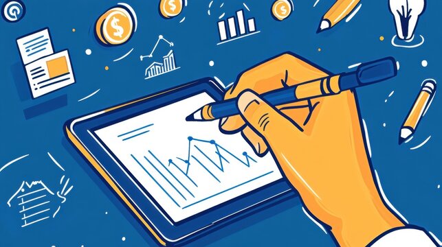 Image of a hand holding a tablet, mobile phone with graphics about a graph that represents business, finance, the increase or decrease of goods or services.