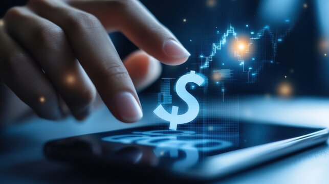 Image of a hand holding a tablet, mobile phone with graphics about a graph that represents business, finance, the increase or decrease of goods or services.