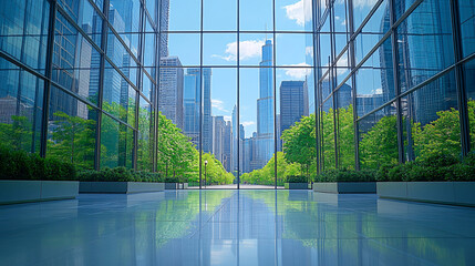 Eco-friendly building in the modern city. Sustainable glass office building with tree for reducing heat and carbon dioxide. Office building with green environment. Corporate building reduce CO2.
