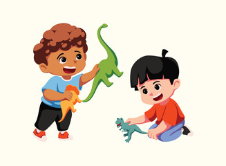 Two boys playing with dinosaur toys