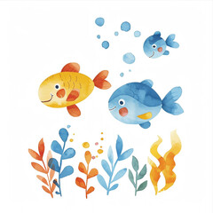 Fototapeta premium Golden Retriever Puppy Playing in a Cute Simple Watercolor Painting with Fish