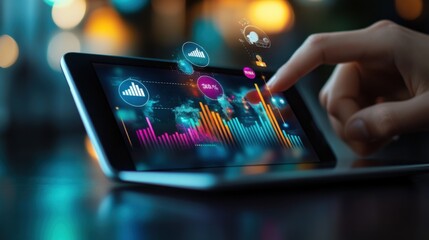 Image of a hand holding a tablet, mobile phone with graphics about a graph that represents business, finance, the increase or decrease of goods or services.