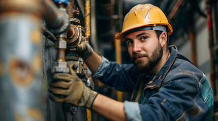 Adult plumber engineer repairing pipes