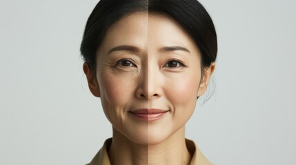 Photos of Asian, Korean, and Japanese women's faces showing their problematic and clean faces without blemishes, before and after photos for advertisements for skin care products and cosmetics.
