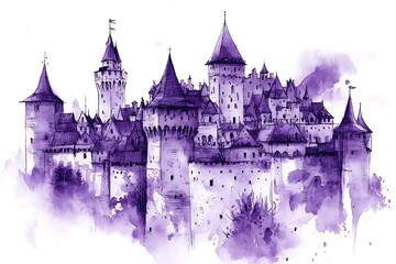 Obraz premium blue watercolor silhouette of castle,towers with spires,hand drawn illustration, banner template