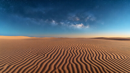 Naklejka premium Starry night sky over a desert landscape with sand dunes.