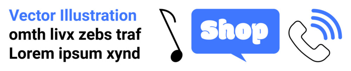 Blue shop sign in chat bubble, black music note, and phone with blue wireless signal. Ideal for e-commerce, music stores, customer service, online shopping, digital marketing. Banner for landing page