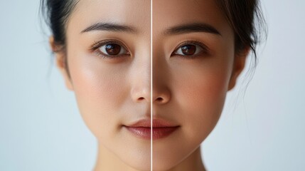 Photos of Asian, Korean, and Japanese women's faces showing their problematic and clean faces without blemishes, before and after photos for advertisements for skin care products and cosmetics.