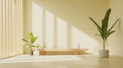 Cozy Serenity: Minimalist Living Room with Warm Aesthetic, Large Windows, Natural Wood Furniture, and Lush Green Plants