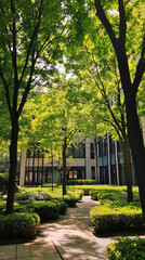 Obraz premium Eco-friendly building in the modern city. Sustainable glass office building with tree for reducing heat and carbon dioxide. Office building with green environment. Corporate building reduce CO2. 