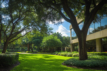 Obraz premium Eco-friendly building in the modern city. Sustainable glass office building with tree for reducing heat and carbon dioxide. Office building with green environment. Corporate building reduce CO2. 