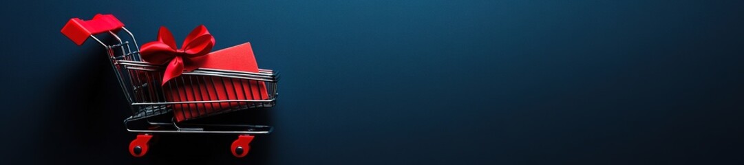 Shopping cart with red bow on dark, Black Friday concept