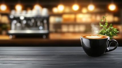 Aromatic coffee cup with fresh green leaves, a cozy morning ritual steaming