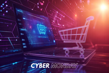 Neon-lit Cyber Monday concept with laptop and cart.
