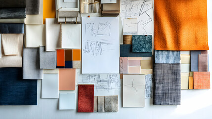A mood board for interior design with swatches of fabric, paint, and paper.