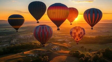 Obraz premium Colorful Hot Air Balloons at Sunrise Over Landscape